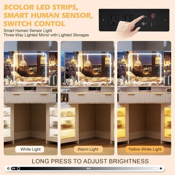 PAKASEPT Corner Vanity with Desk Mirror & Lights, Fluted Makeup Vanity Desk with Glass Top, Charging Station, torage Cabinets & Drawers