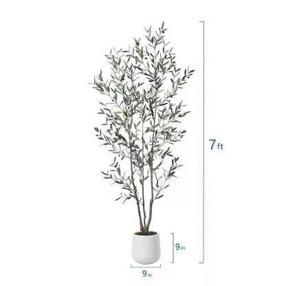 DR.Planzen 5-7FT Artificial Olive Tree with Round White Planter, Pre Potted Fake Plant for Home Decor