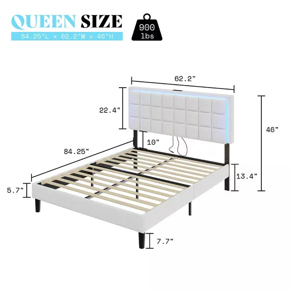AMERLIFE Button Tufted Platform Bed Frame with LED Lights and Charging Station
