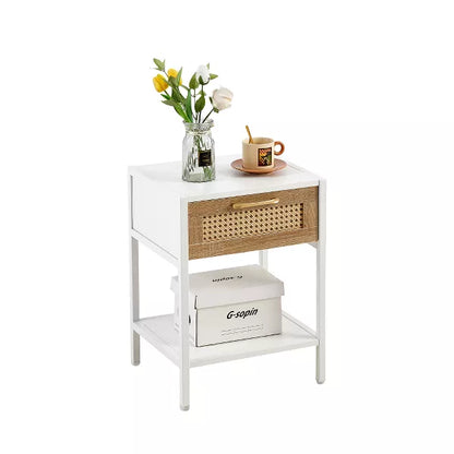 Wooakway 15.75"L 21.26"H 13.78"D Rattan End Table Side Table Nightstand with Adjustable Feet Power Outlet USB Ports