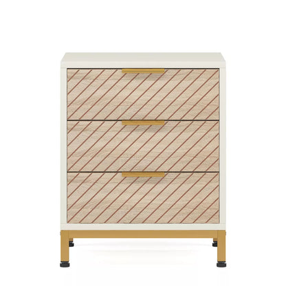 Resenkos 1 Pack Night Stand for Bedrooms, White and Gold Light Wood Grain Nightstand with 3 Drawers Bedside End Tables Storage for Living Room Brown