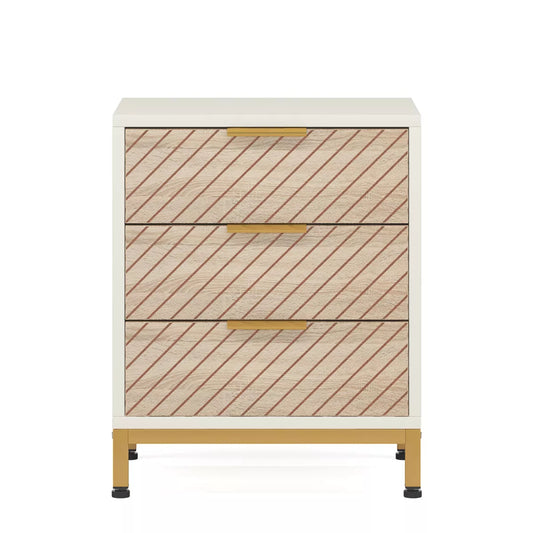 Resenkos 1 Pack Night Stand for Bedrooms, White and Gold Light Wood Grain Nightstand with 3 Drawers Bedside End Tables Storage for Living Room Brown