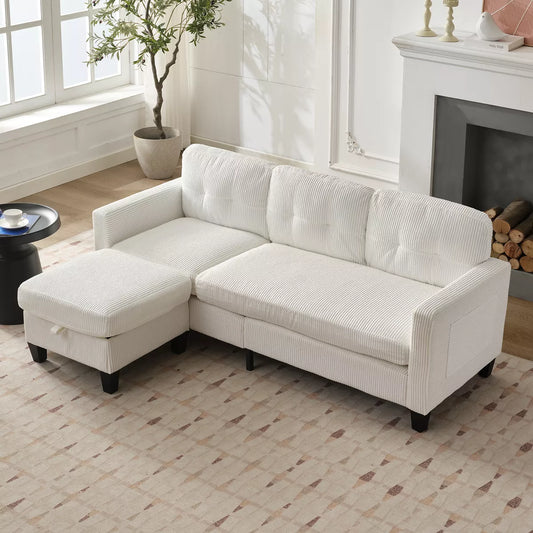 Mjkone 76" Convertible L-Shaped Sectional Sofa with Storage Ottoman | Corduroy 3-Seater Couch for Living Room/Office - Comfortable&Space-Saving
