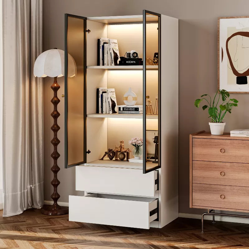 ATJafurn 23.6'' Lighted Glass Display Cabinet, Modern Dining Storage China Cabinet With Glass Doors For Kitchen Dining Room and Living Room White