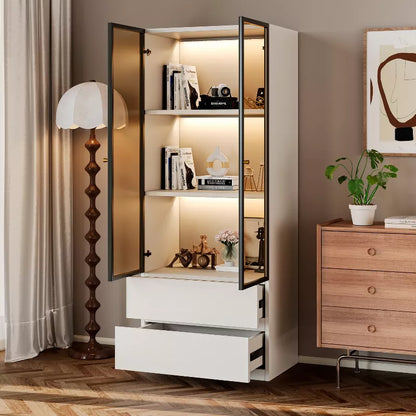 ATJafurn 23.6'' Lighted Glass Display Cabinet, Modern Dining Storage China Cabinet With Glass Doors For Kitchen Dining Room and Living Room White