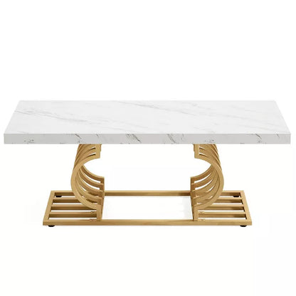 Resenkos Center Coffee Table, Living Room Table,Rectangular Coffee Table, 47" Faux Marble Cocktail Table with Geometric Frame White+Golden