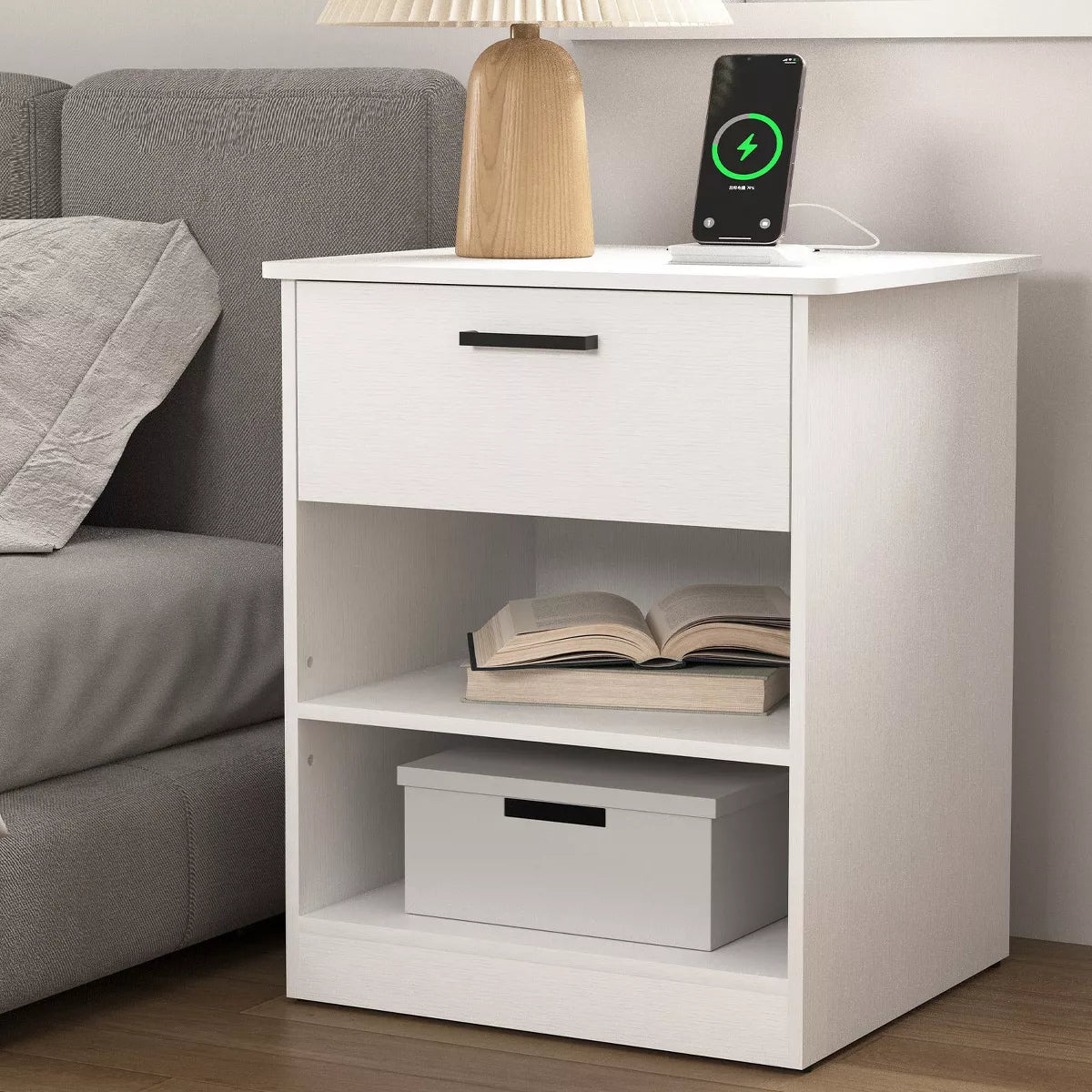 Resenkos Wood Nightstand With Charging Station, Bedside Table With Wood Drawers And Open Shelf, Night Stand With Storage For Bedroom,