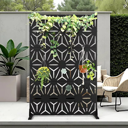 TOAOTBNBO Metal Privacy Screen with Stand, Decorative Privacy Fence Panels with Star Pattern, Outdoor Privacy Screen for Garden, Black