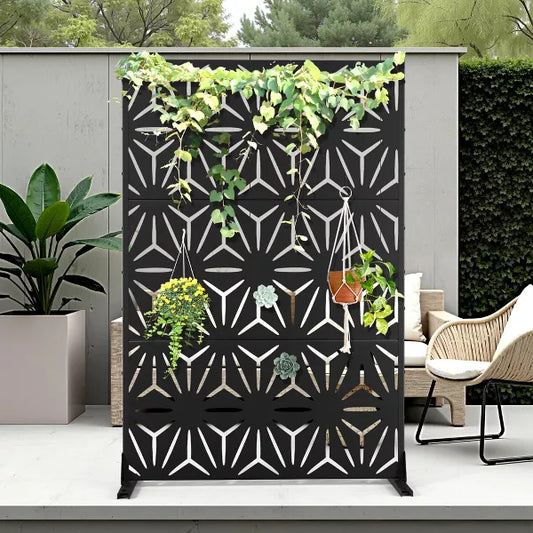 TOAOTBNBO Metal Privacy Screen with Stand, Decorative Privacy Fence Panels with Star Pattern, Outdoor Privacy Screen for Garden, Black