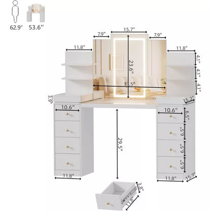 PAKASEPT Makeup Vanity with Mirror and LED Lights, 55" Makeup Table with 10 Drawers, Hidden Drawers and Open Shelves, 3 Modes Brightness Adjustable