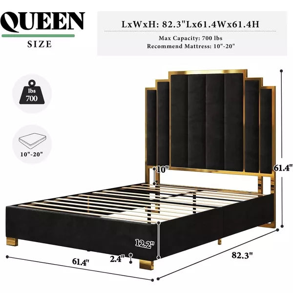 AMERLIFE Upholstered Bed, Modern Velvet Bed Frame with 61.4" Tall Gold Trim Headboard