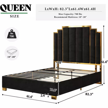 AMERLIFE Upholstered Bed, Modern Velvet Bed Frame with 61.4" Tall Gold Trim Headboard