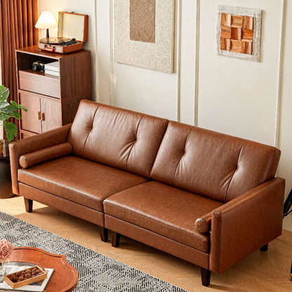 ATJafurn 86 inch Genuine Leather Sofa, Mid-Century Modern Upholstered Sectional Couch Retro Luxurious Loveseat for Living Room Bedroom Office