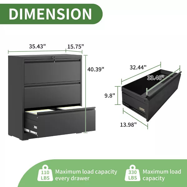 Munora - 3-Drawer Lateral File Cabinet with Lock - Wide Storage for Letter/Legal/A4 Files - Black