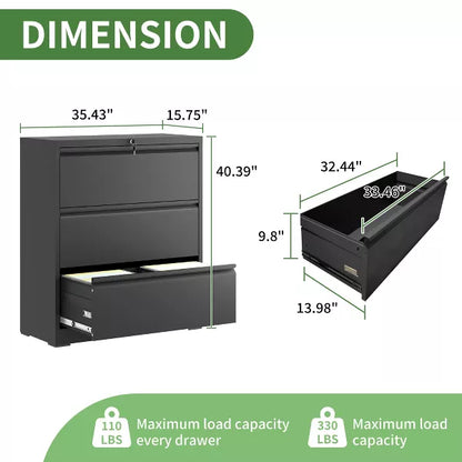 Munora - 3-Drawer Lateral File Cabinet with Lock - Wide Storage for Letter/Legal/A4 Files - Black