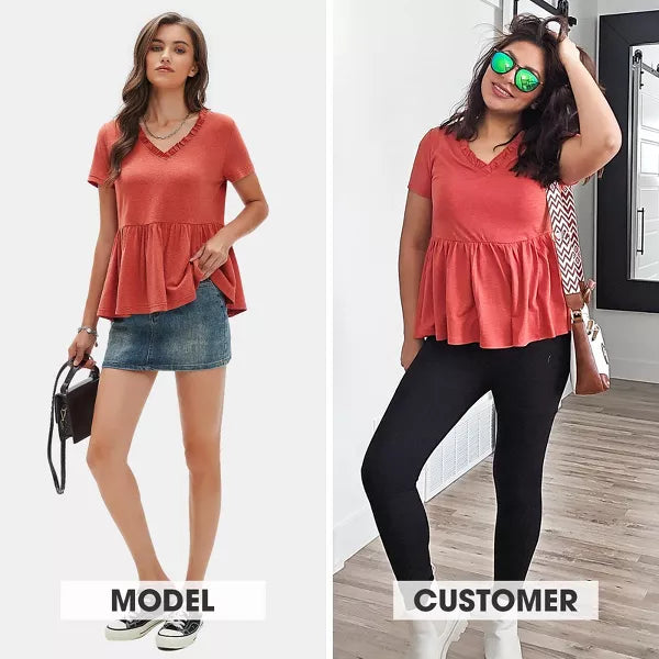 EXLURA Womens Summer Short Sleeve Babydoll Tops Fashion Cute V Neck T Shirts Soft Casual Peplum Blouse Tunics Top 2025