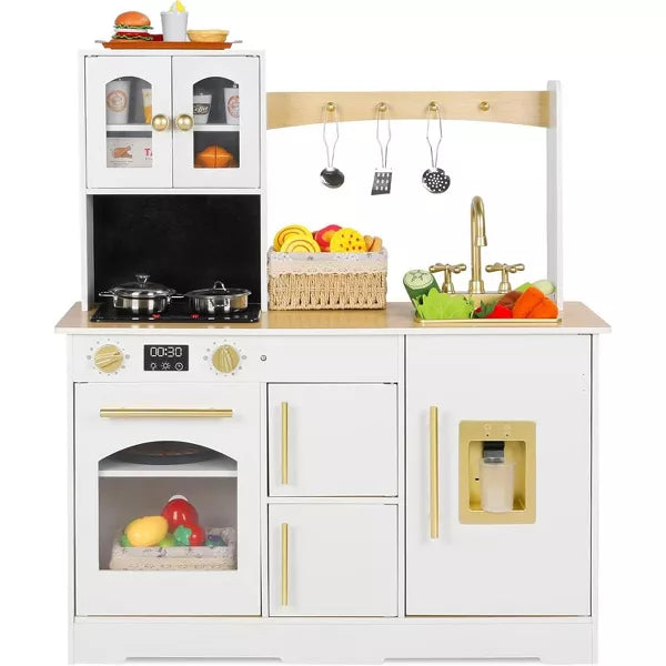 Kinder King Wooden Kids Play Kitchen, Toy Kitchen Playset for Toddler, Realistic Kitchen Sets w/Lights & Sounds for boy