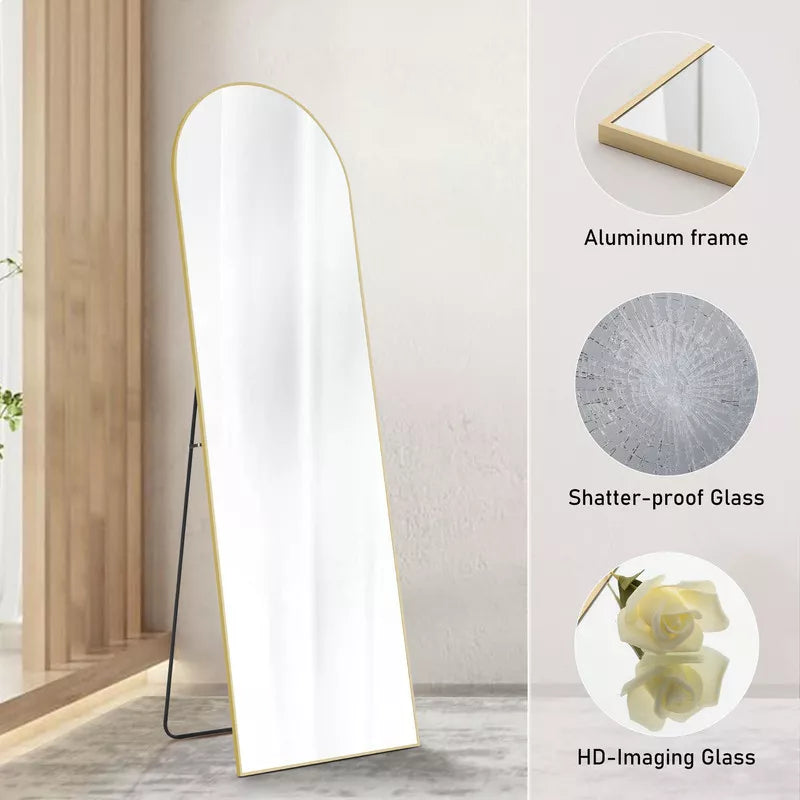 GlasFlength Full Length Mirrors Floor Standing Mirror, Wall Mirror with Stand Aluminum Alloy Thin Frame, Arched Gold 64"*13.7"*21"