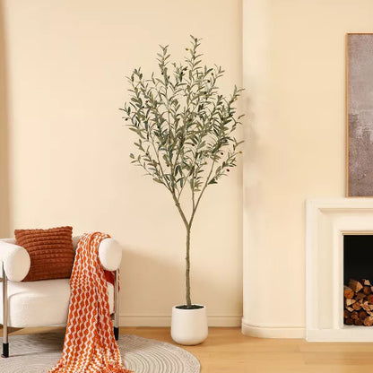 DR.Planzen 5-7FT Faux Olive Tree with Oval White Planter, Pre Potted Fake Greenry Olive Tree for Home Decor