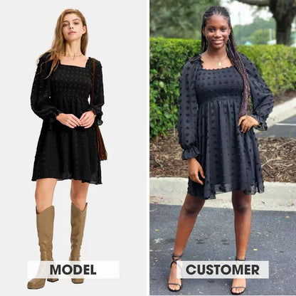 EXLURA Womens 2025 Summer Long Sleeve Party Swiss Dot Dress Smocked Ruffle Cocktail Mini Dresses