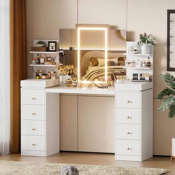 PAKASEPT Makeup Vanity with Mirror and LED Lights, 55" Makeup Table with 10 Drawers, Hidden Drawers and Open Shelves, 3 Modes Brightness Adjustable