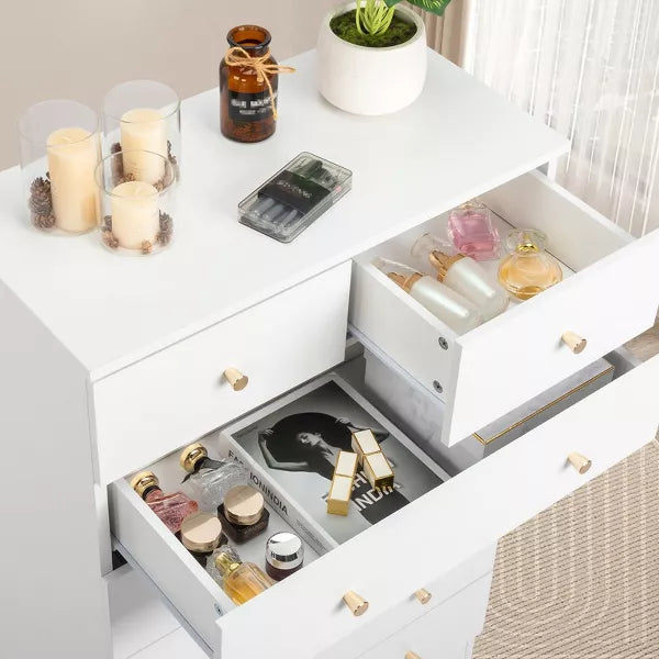 Resenkos 5 Drawer Dresser with Gold Handle, Nursery Dresser Chest Of Drawers Organizer,