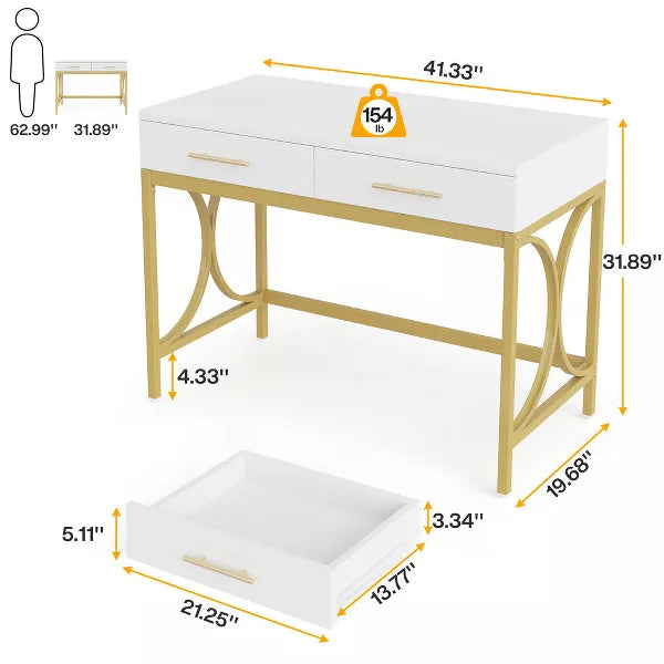 Resenkos Computer Desk, Office Desk, Study Desk,41" Computer Desk, Modern Home Office Writing Desk with 2 Drawers,Gold White