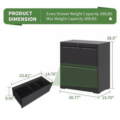 Munora - 2-Drawer Lateral File Cabinet with Lock - Wide Storage for Letter/Legal/A4 Files - Black