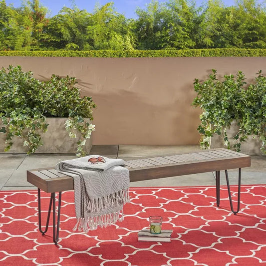 Wooakway Modern 61" L Weather-resistant Patio Bench With Powder-Coated Metal Hairpin Legs & Acacia Wood Top For Garden Sunroom Poolside Decoration