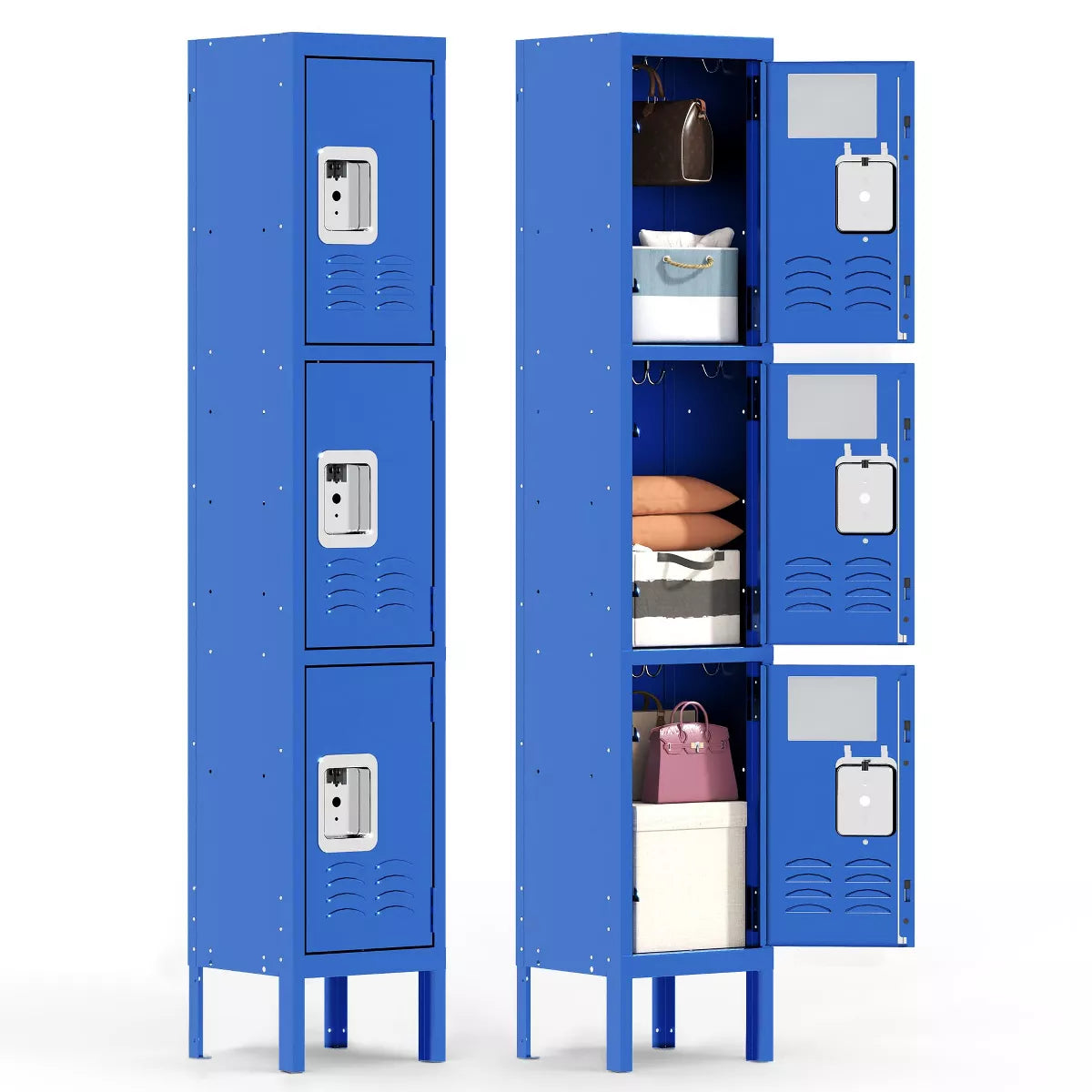 Munora 66"H 3 Doors Locker for Employees, Metal Locker Storage Cabinet for Home Office School Gym, Lockable, Require Assembly (Blue)