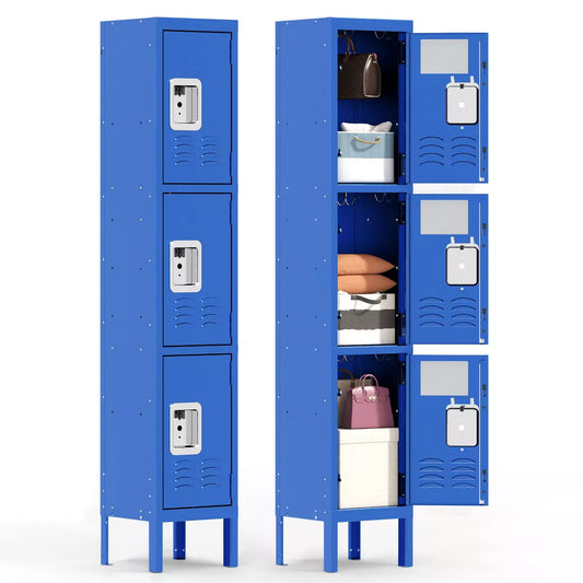 Munora 66"H 3 Doors Locker for Employees, Metal Locker Storage Cabinet for Home Office School Gym, Lockable, Require Assembly (Blue)