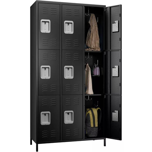 Aobabo Metal Lockers for Employees School Office Gym Home lockers Storage,9 Doors Lockers with 18 Hooks,Black, Assembly Required