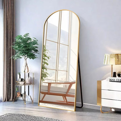 GlasFlength Full Length Mirrors Floor Standing Mirror, Wall Mirror with Stand Aluminum Alloy Thin Frame, Arched Gold 64"*13.7"*21"