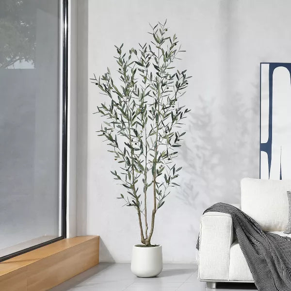 DR.Planzen 5-7FT Artificial Olive Tree with Round White Planter, Pre Potted Fake Plant for Home Decor
