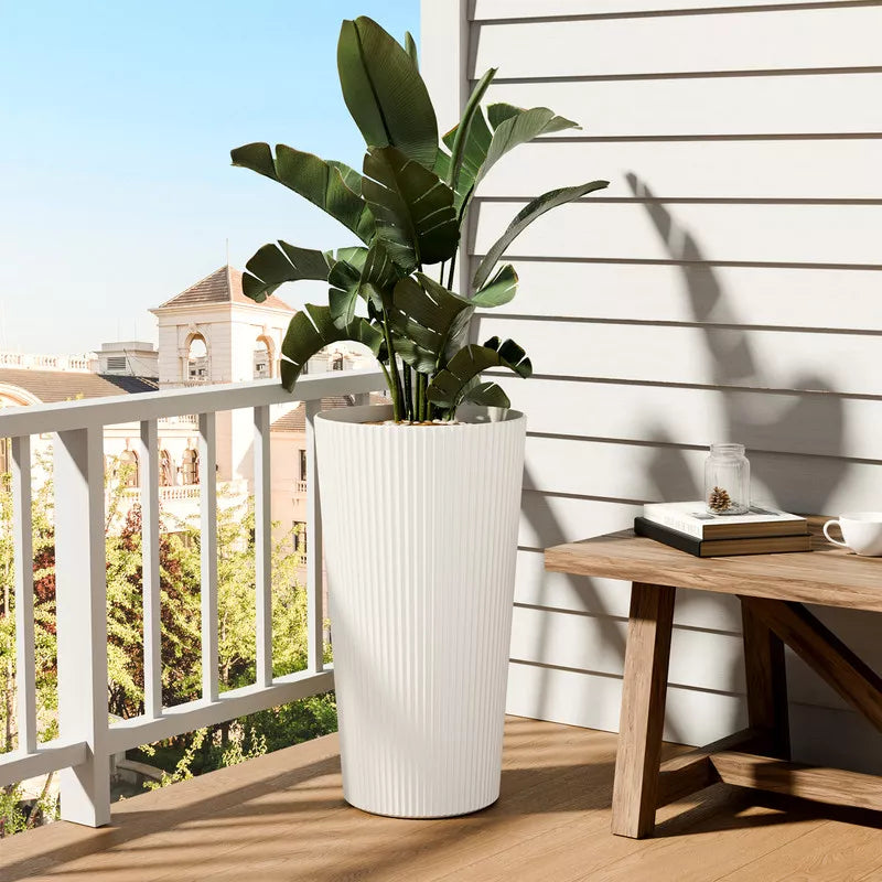 BENCMATE Tall Planters Large Round 2PCS Indoor Planter Pot, Simple Design Outdoor Garden Plastic Plant Flower Pot Cone Striped, White 13"*13"*23.6"