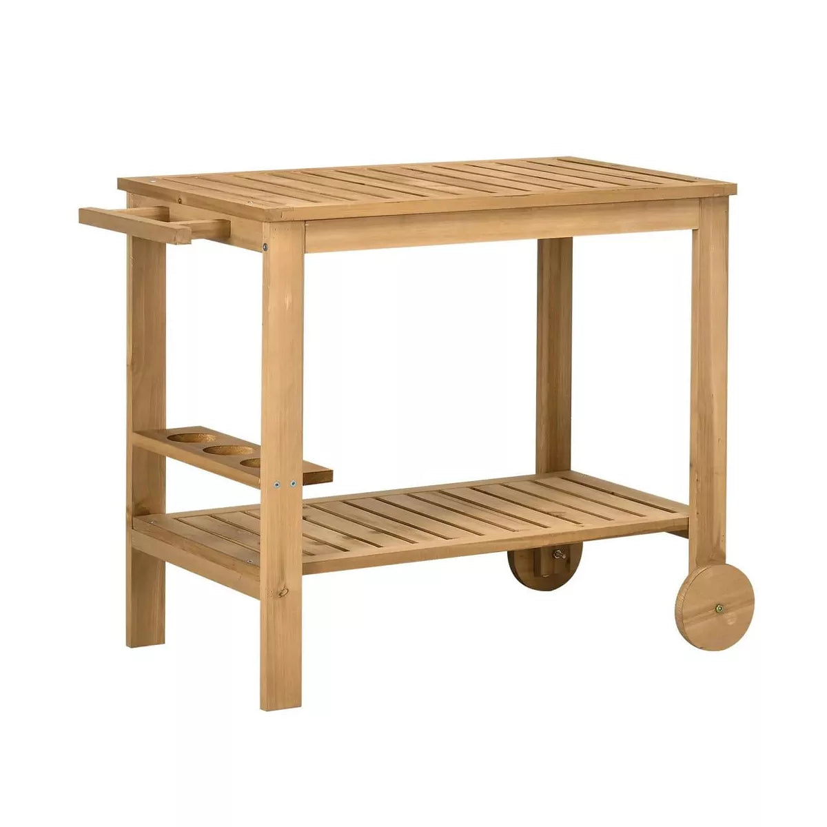 Resenkos Outdoor Bar Cart, Wood Rolling Home Bar & Serving Cart with 2 Shelves, Wine Bottle Holders for Garden, Dining Room, Natural Brown