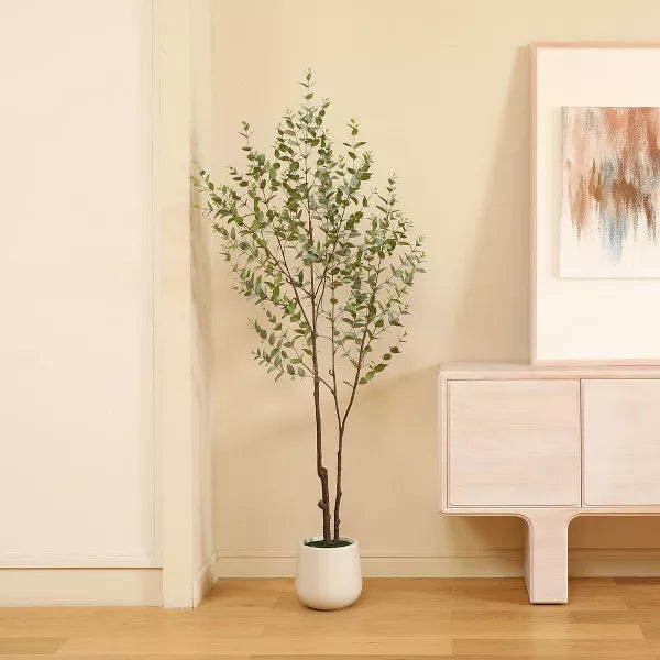 DR.Planzen 6FT Faux Eucalyptus Tree with Oval White Planter, Pre Potted Artificial Eucalyptus Plant for Home Decor
