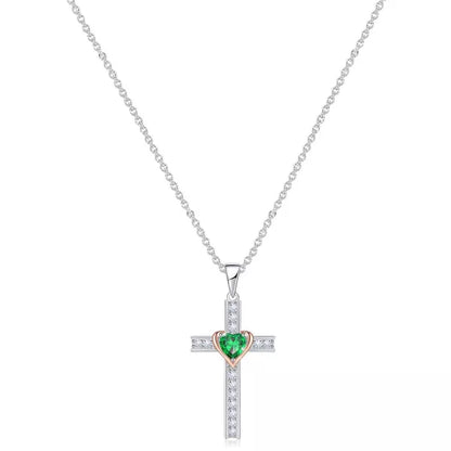 Molenia Birthstone Cross Necklace for Women, 925 Sterling Silver Heart Cross Pendant Necklace Fine Cross Jewelry Birthday Gifts for Her 18"+4" Inches