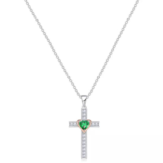 Molenia Birthstone Cross Necklace for Women, 925 Sterling Silver Heart Cross Pendant Necklace Fine Cross Jewelry Birthday Gifts for Her 18"+4" Inches