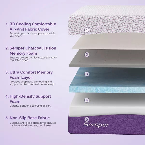 Sersper 12 inch Memory Foam Mattress for Adjustable Beds – Bamboo Charcoal & Spine Alignment Support