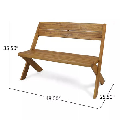 Wooakway Rustic 48" L Sandblast Teak Finished Acacia Wood Patio Bench with Reclined Seat Back Classic Slat Panel Durable Solid Hardwood Frame