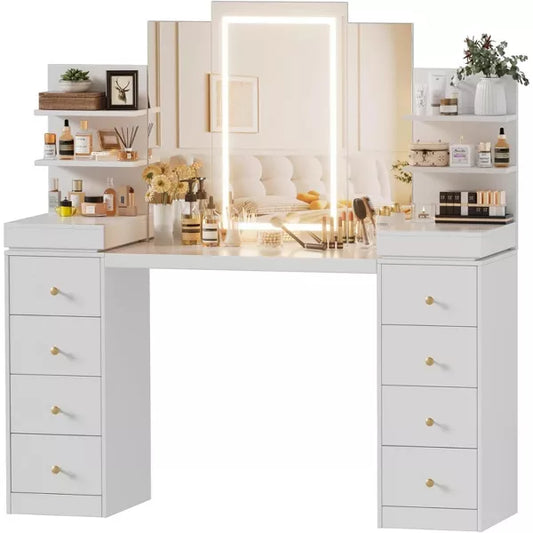 PAKASEPT Makeup Vanity with Mirror and LED Lights, 55" Makeup Table with 10 Drawers, Hidden Drawers and Open Shelves, 3 Modes Brightness Adjustable