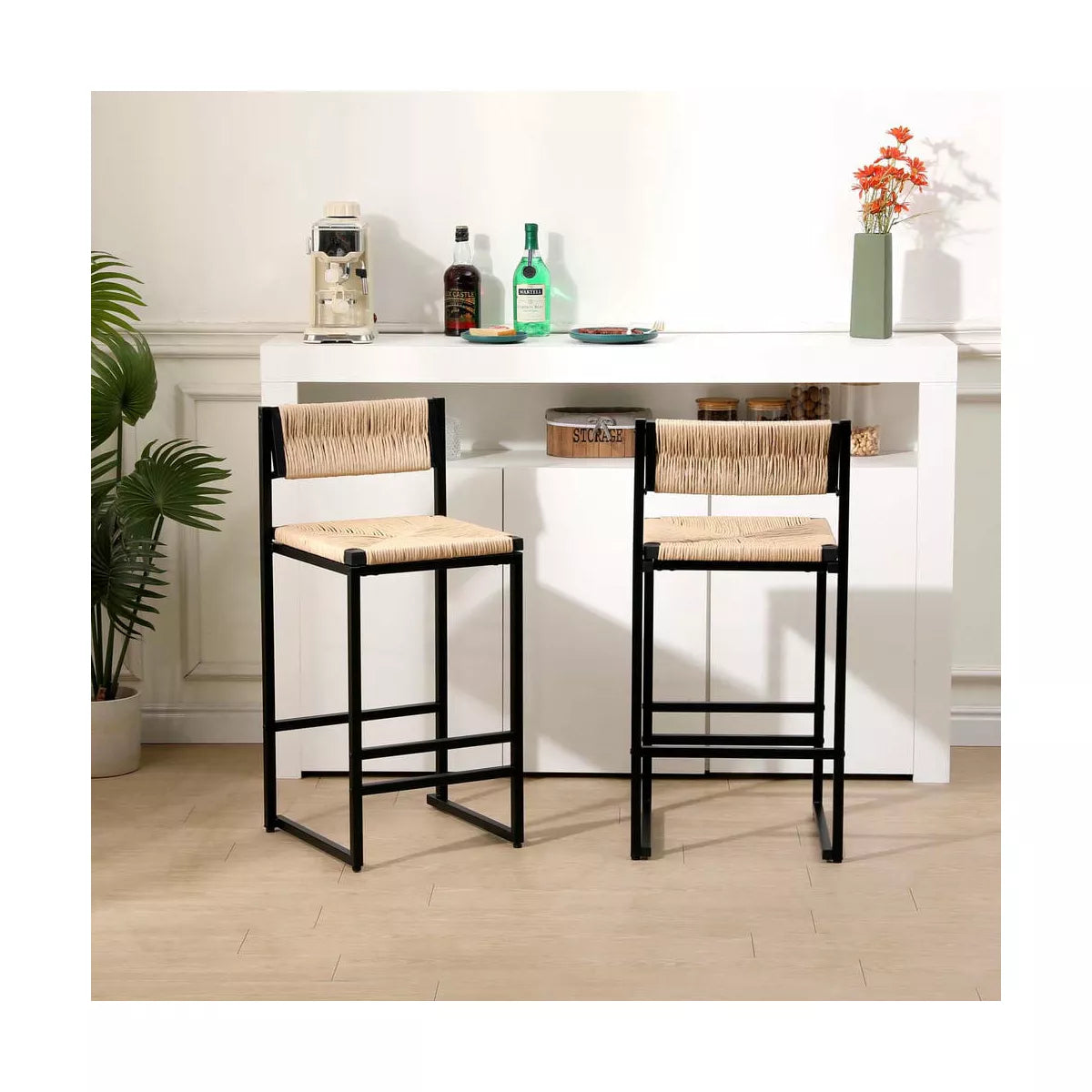 Resenkos Counter Bar Stools, Counter Stool,Honey Bar Stools Set of 2 Paper Rope Weave Dining Chairs with Back Hand Weave Stools,Honey Yellow