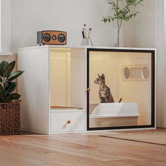 ATJafurn 37.4''Cat Litter Box Enclosure Furniture Style White Cat Cabinet Side Table with Storage Space For Living Room