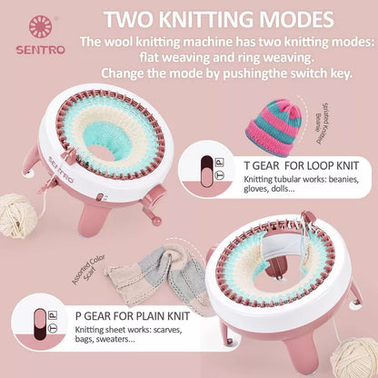 SENTRO 40-Needle Knitting Machine - Pink | Make Scarves, Hats, Socks Fast | Includes Flat/Tube Key, Easy for Beginners & Kids