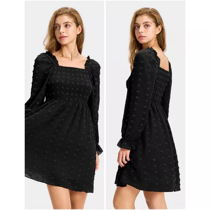 EXLURA Womens 2025 Summer Long Sleeve Party Swiss Dot Dress Smocked Ruffle Cocktail Mini Dresses