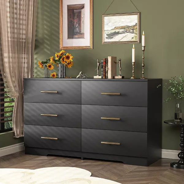 Resenkos 6-Drawer Wide Chest of Drawers, Storage Drawer Organizer, Traditional Bedroom Dresser, Sideboard Buffet for Living Room, Black