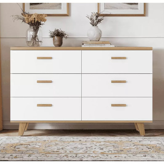 Resenkos Wood 6 Drawer Double Dresser for Bedroom, Chest of Drawers for Closet, Living Room, Hallway, Nursery, White&Rosewood