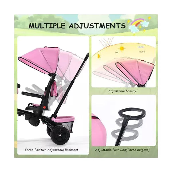 Kinder King 7 in 1 Kids Baby Stroller Tricycle Folding Toddler Trike w Adjustable Push Handle