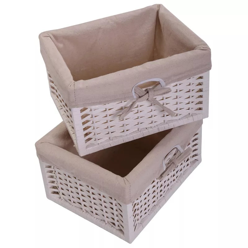 Resenkos Nightstand End Side Table, 3 Tiers 1 Drawer, Bedroom Home Storage Furniture w/ 2 Wicker Basket - White